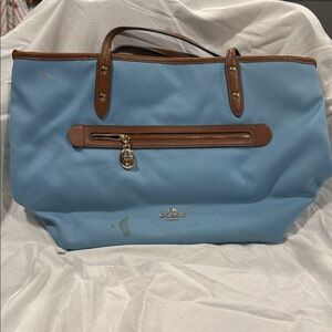 Coach Sky Blue Tote with Brown Leather Trim